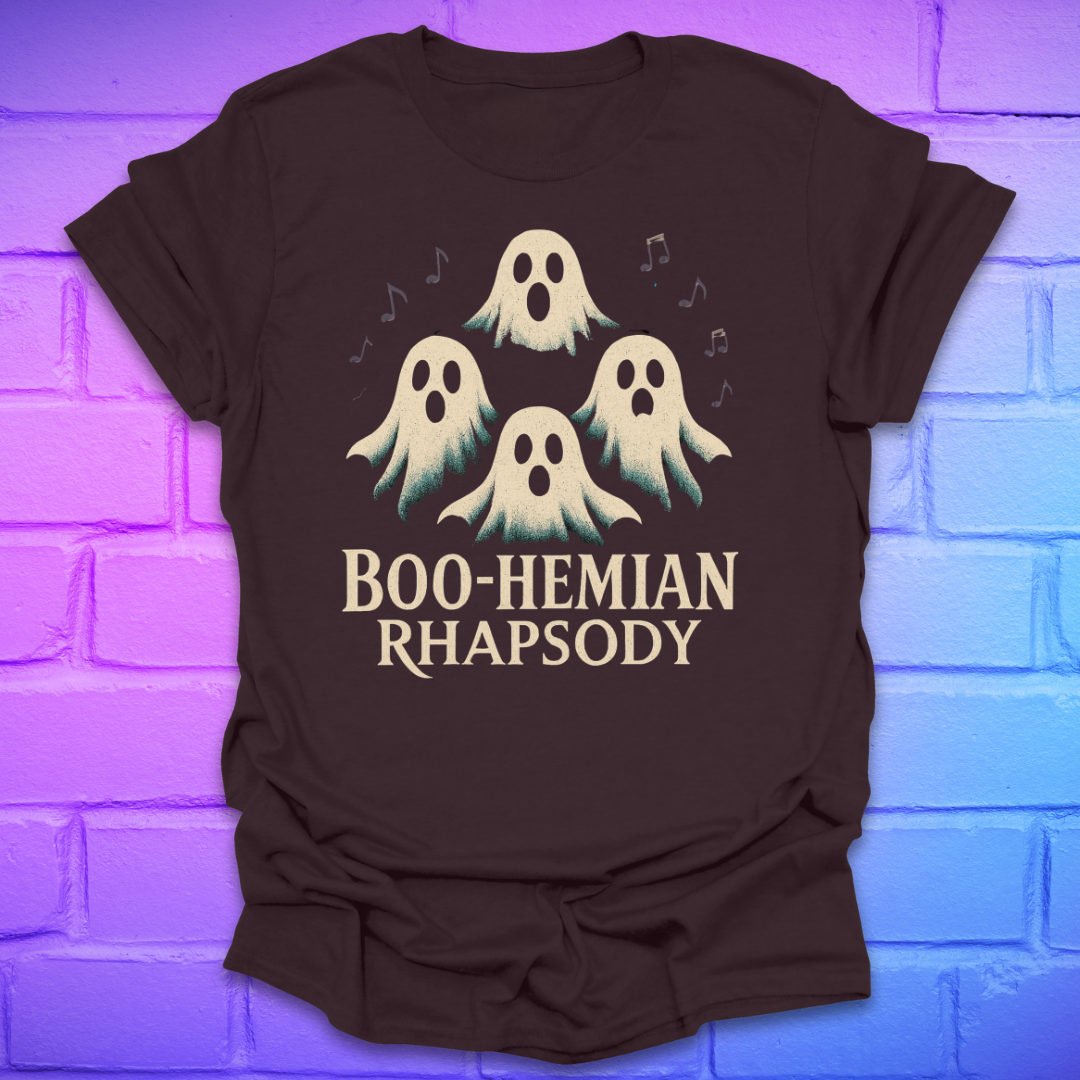 Brown t-shirt with ghost design and 'BOO-HEMIAN RHAPSODY' text on a brick wall background
