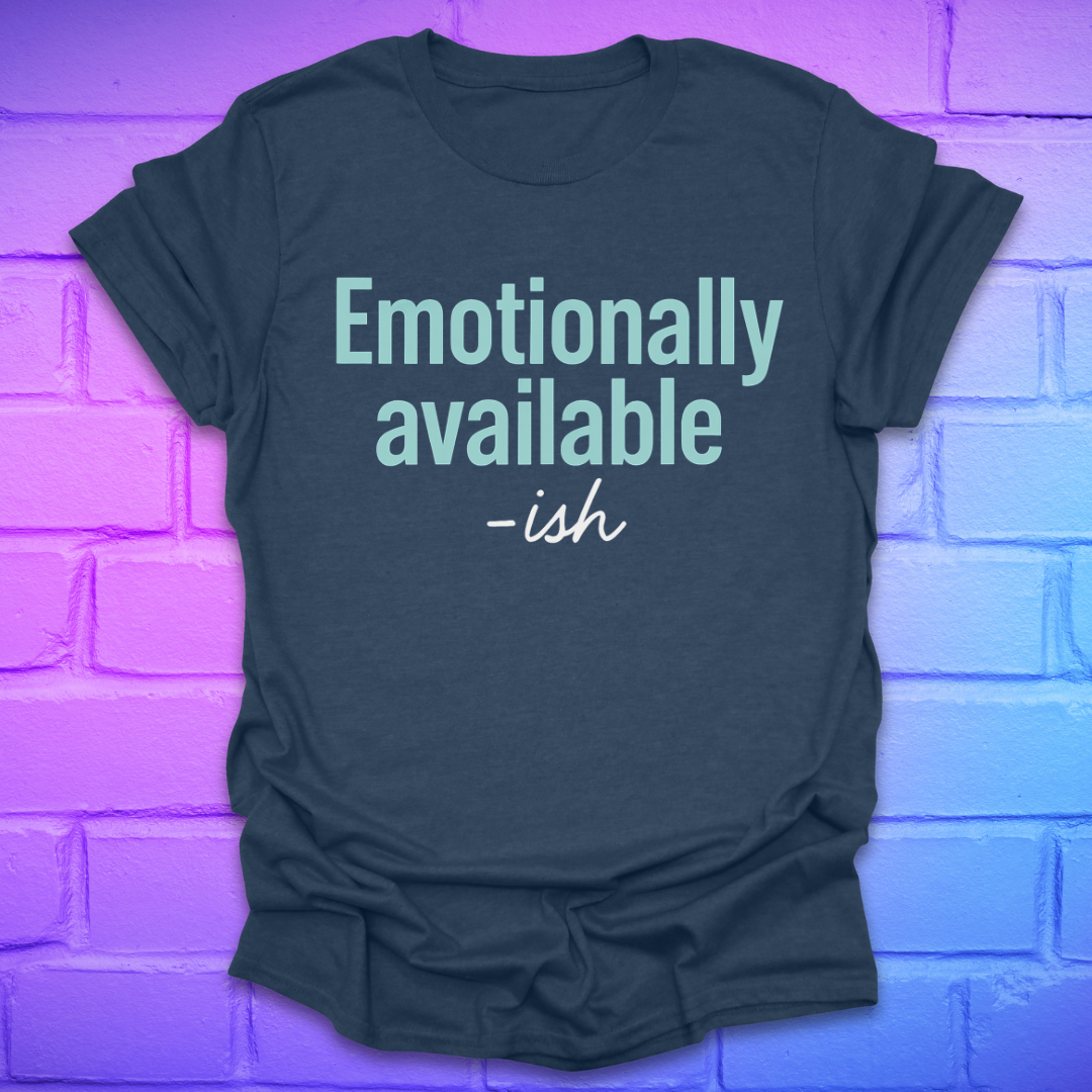 Heather navy t-shirt with 'Emotionally available -ish' text on a brick wall background