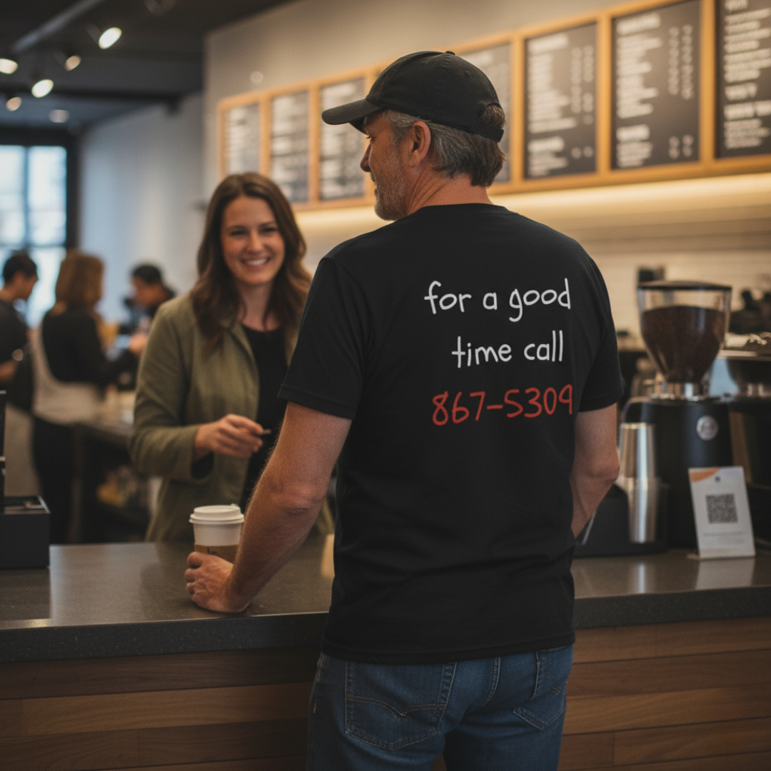 Man in a black t-shirt with text, 'for a good time call 867-5309' standing in a coffee shop.