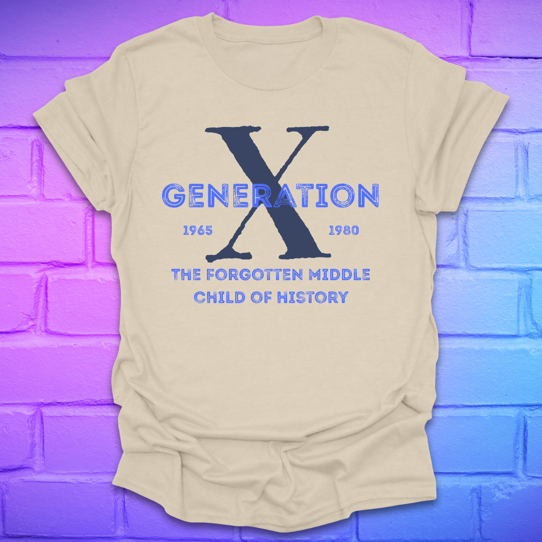 Beige t-shirt with 'Generation X' text on a brick wall background