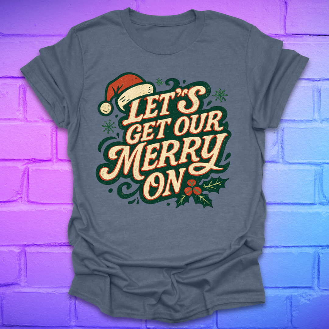 Indigo t-shirt with Christmas-themed text, 'let's get our merry on' and graphics on a purple brick wall background