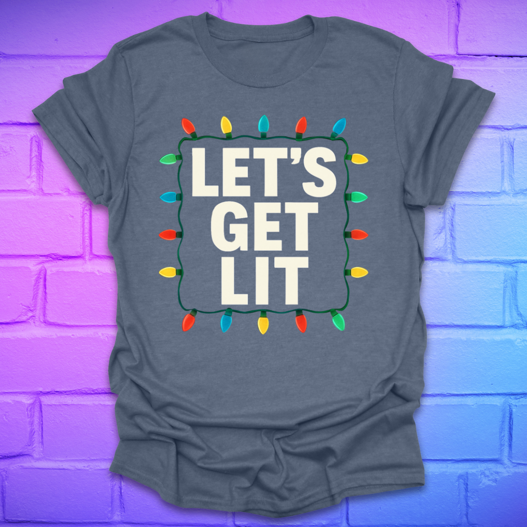 Indigo t-shirt with 'LET'S GET LIT' text and Christmas lights design on a brick wall background