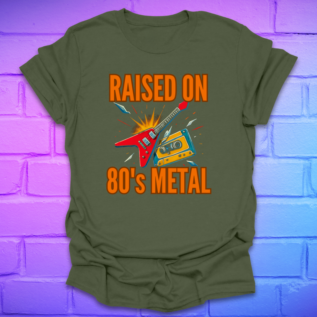Green t-shirt with 'Raised on 80's Metal' graphic design on a brick wall background