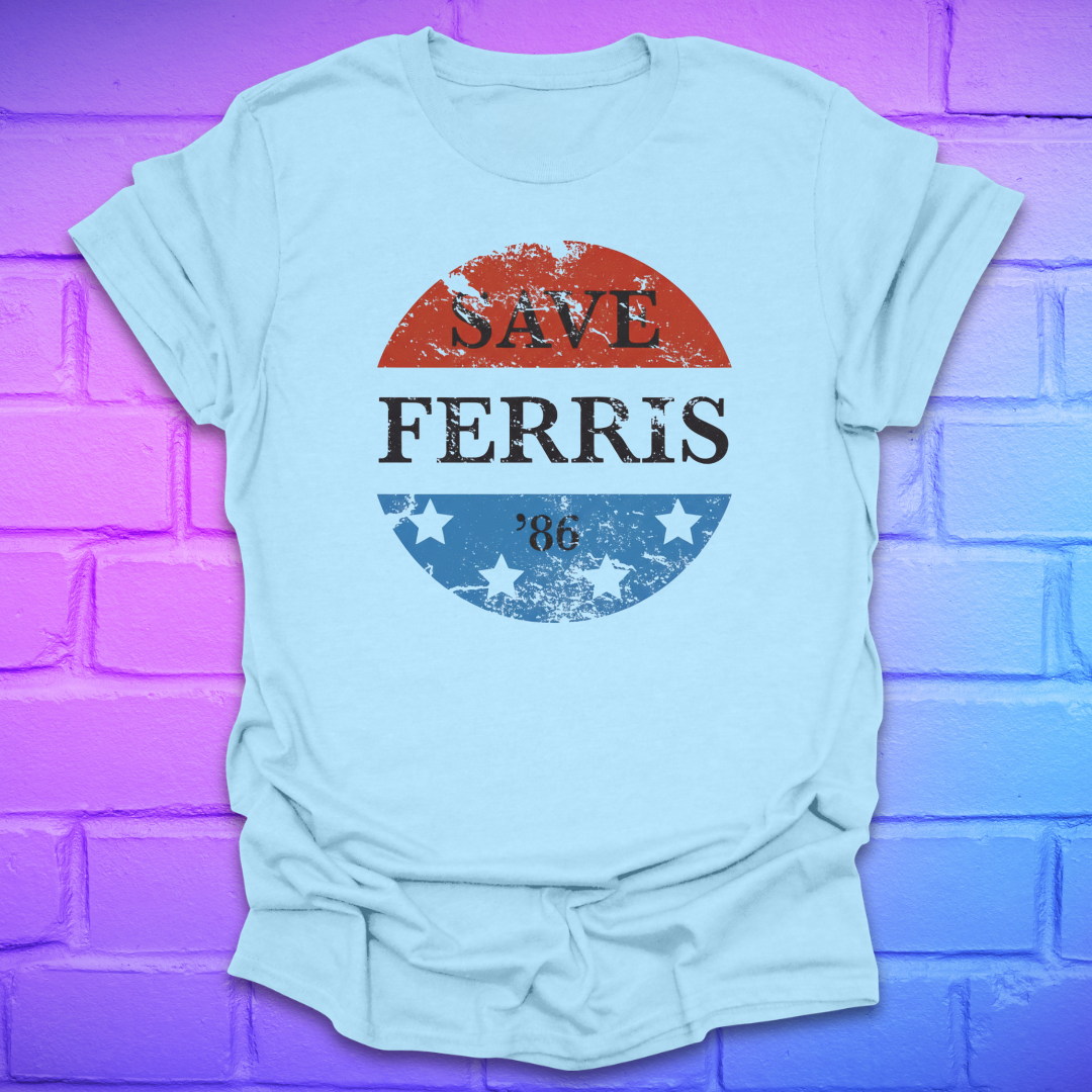 Light blue t-shirt with 'Save Ferris' graphic design on a purple brick wall background