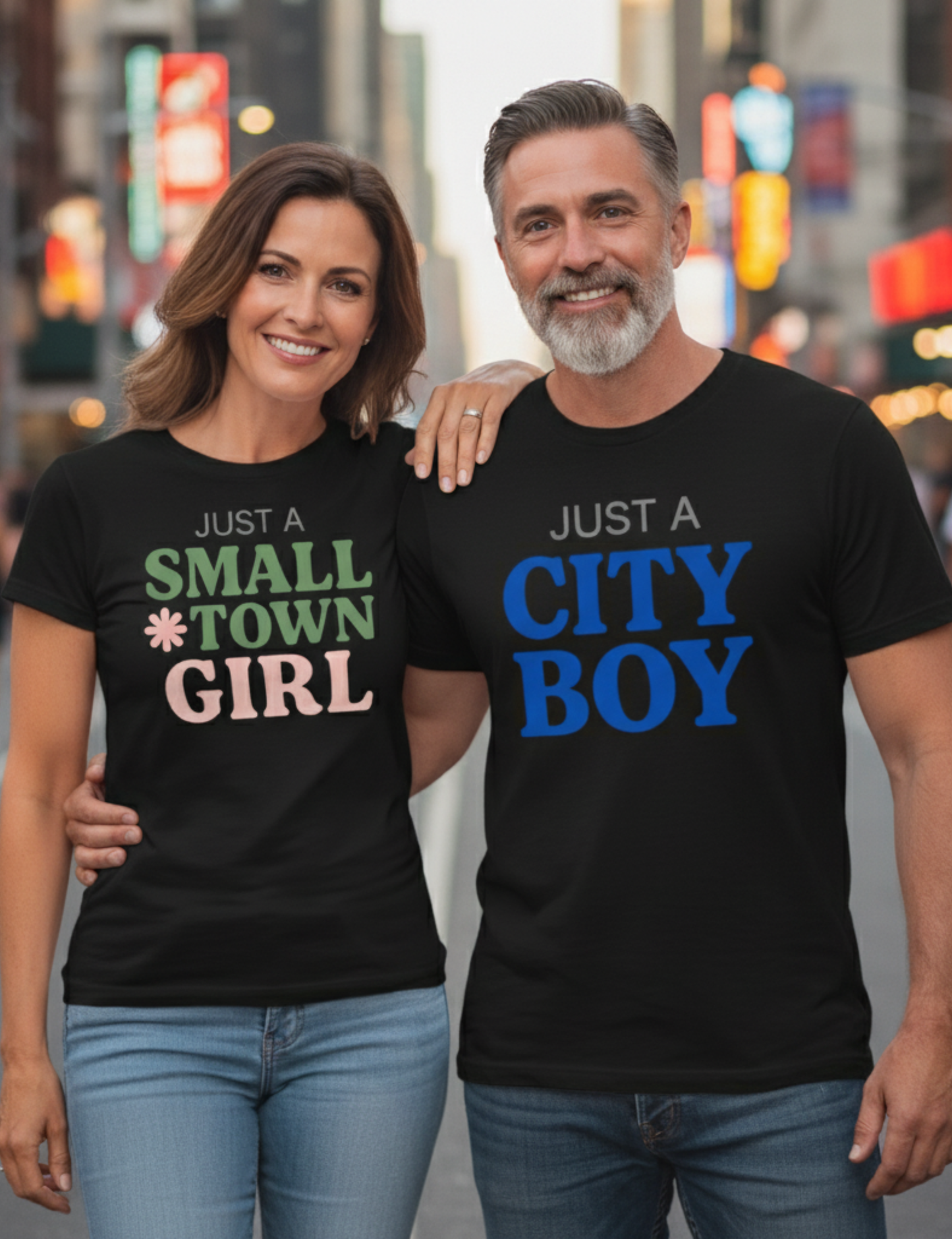 Two people wearing black t-shirts with colorful text, standing together in an urban setting.