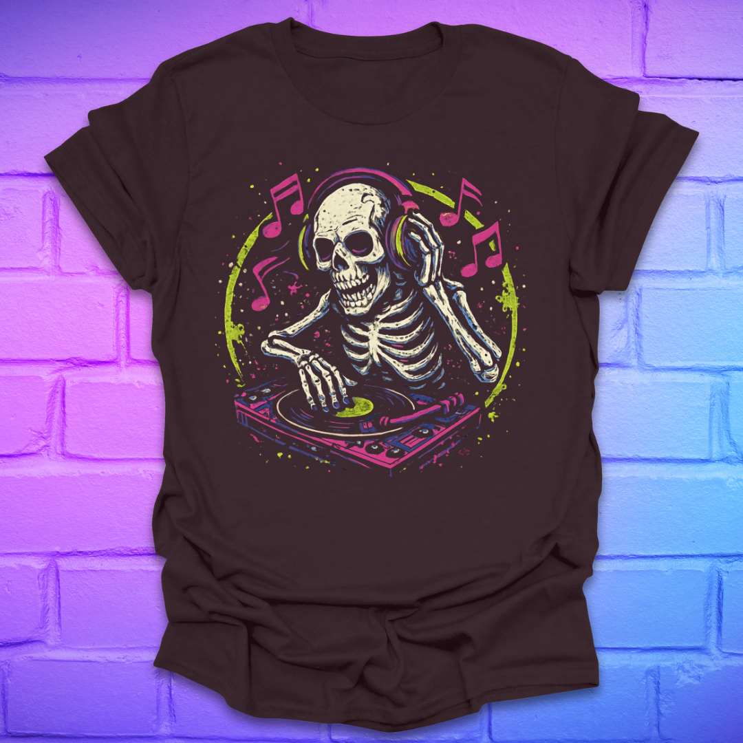 Brown t-shirt with a skeleton DJ design on a brick wall background