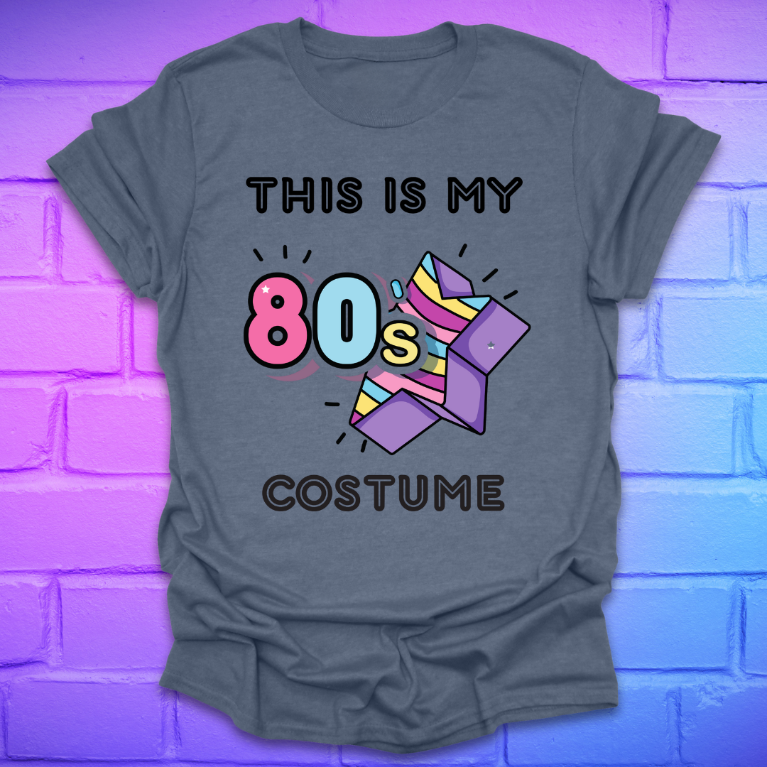 Heather indigo t-shirt with 'This is my 80s costume' text and colorful design on a brick wall background