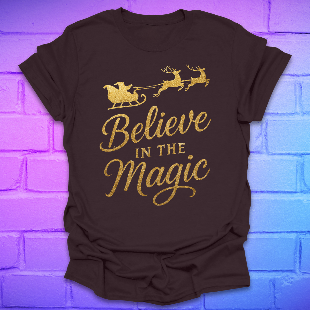 Brown t-shirt with 'Believe in the Magic' text and Santa sleigh graphic on a brick wall background