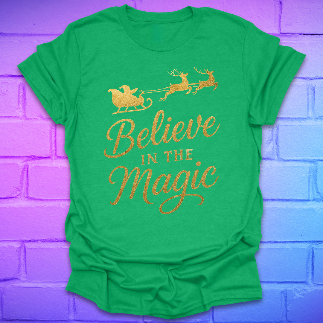 Green t-shirt with 'Believe in the Magic' text and Santa sleigh design on a purple brick wall background