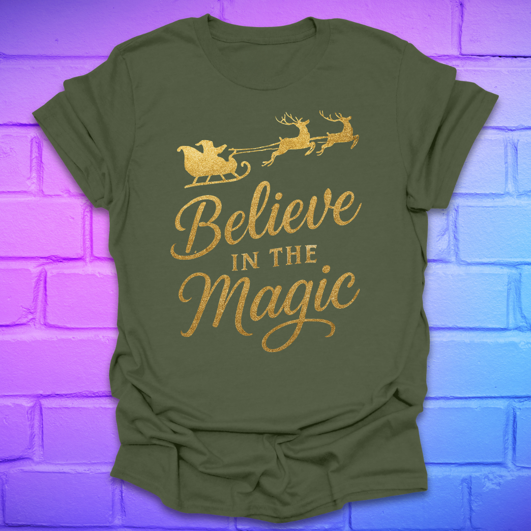 Green t-shirt with 'Believe in the Magic' text and Santa sleigh design on a purple brick wall background
