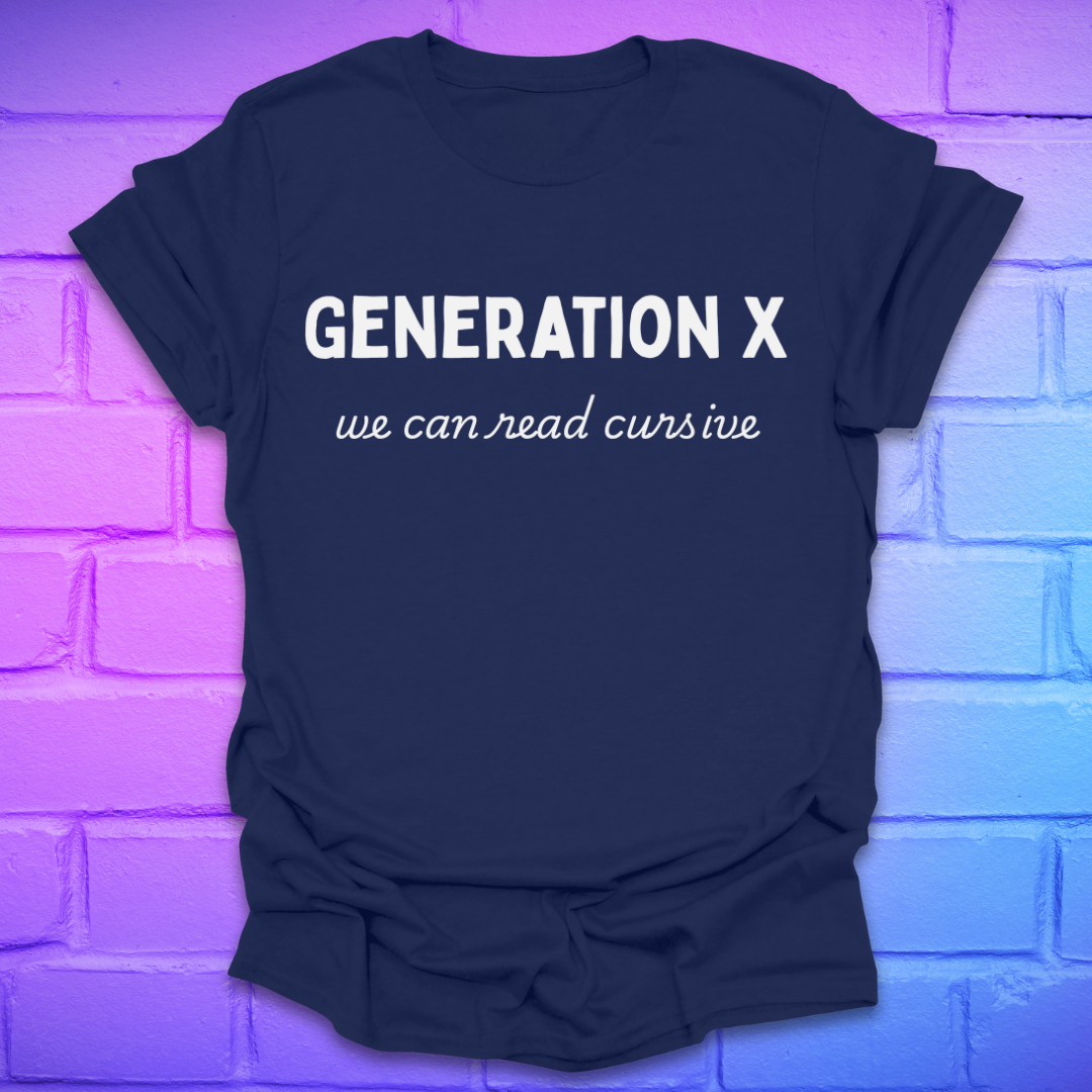 Navy blue t-shirt with 'Generation X, we can read cursive' text on a brick wall background