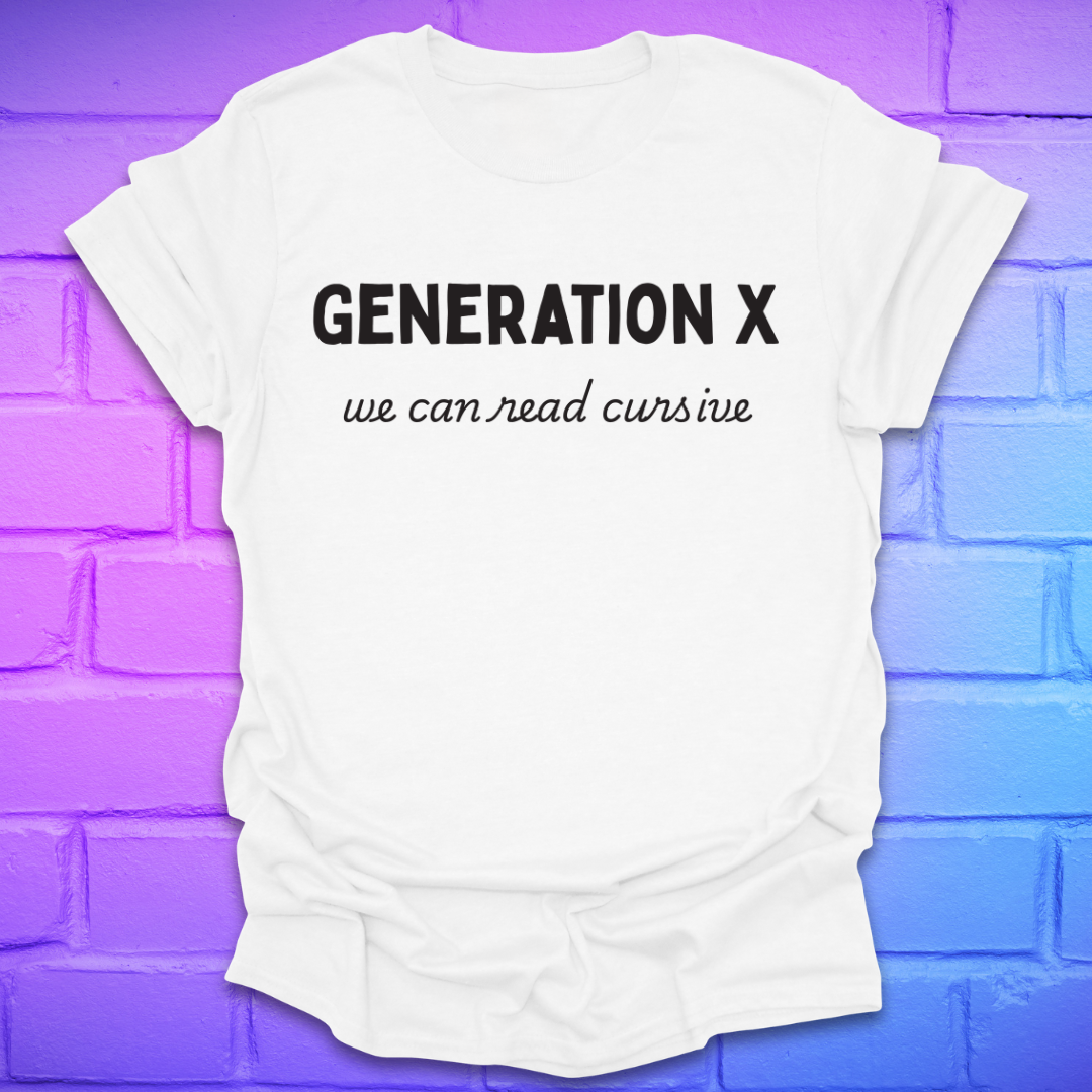 White t-shirt with 'GENERATION X we can read cursive' text on a gradient purple to blue brick wall background