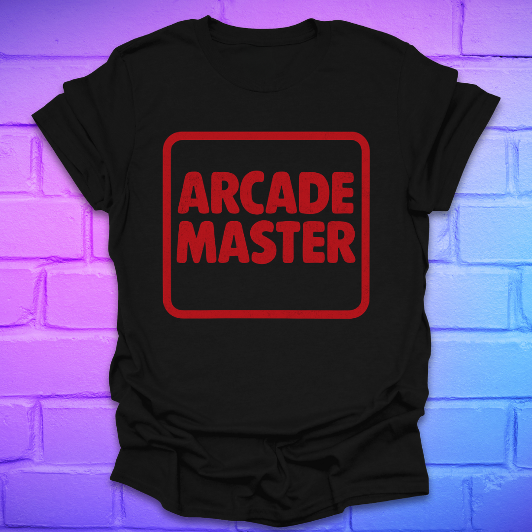 Black t-shirt with 'Arcade Master' in red on a brick wall background