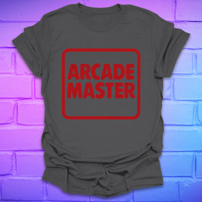 Gray t-shirt with 'Arcade Master' in red on a brick wall background