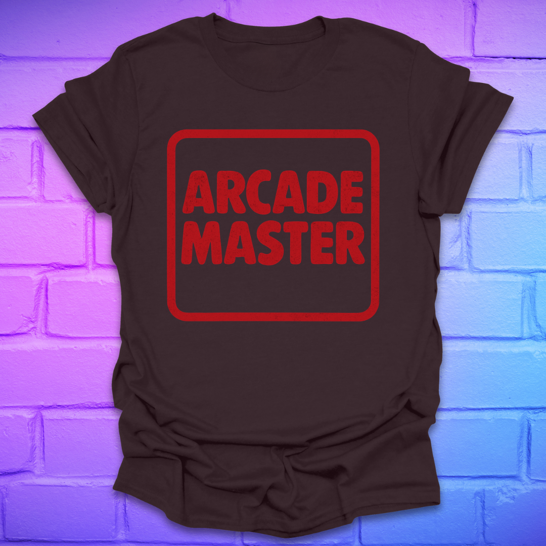 Brown t-shirt with 'Arcade Master' in red on a brick wall background