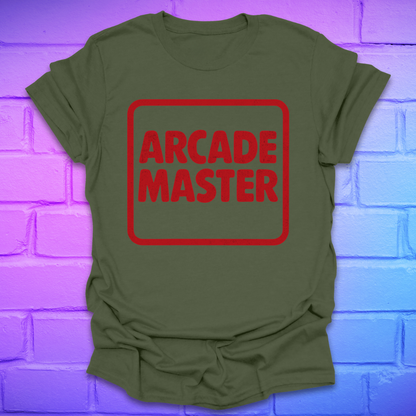 Green t-shirt with 'Arcade Master' in red on a brick wall background