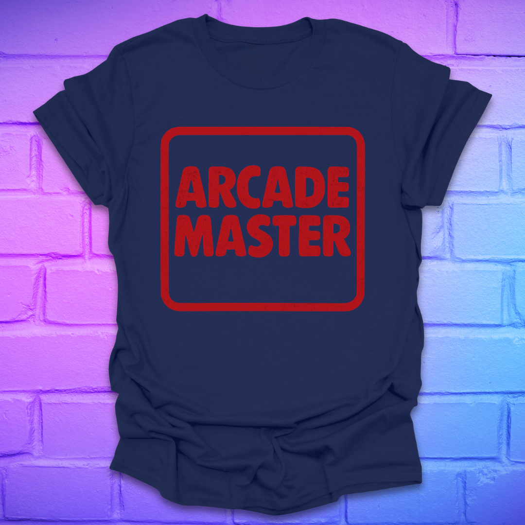 Navy blue t-shirt with 'Arcade Master' in red on a brick wall background