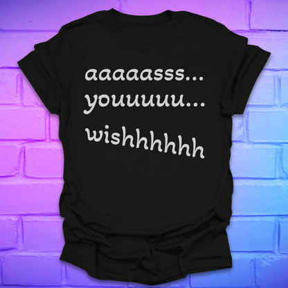 Black t-shirt with white text 'as you wish' on a brick wall background