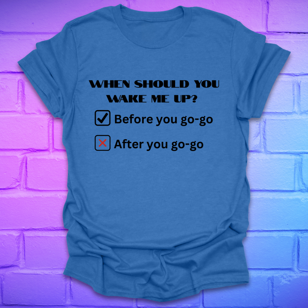 Blue t-shirt with humorous text design on a brick wall background