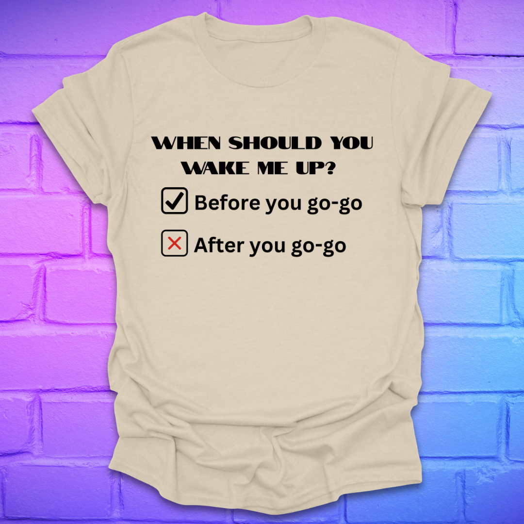 Beige t-shirt with humorous text design on a brick wall background