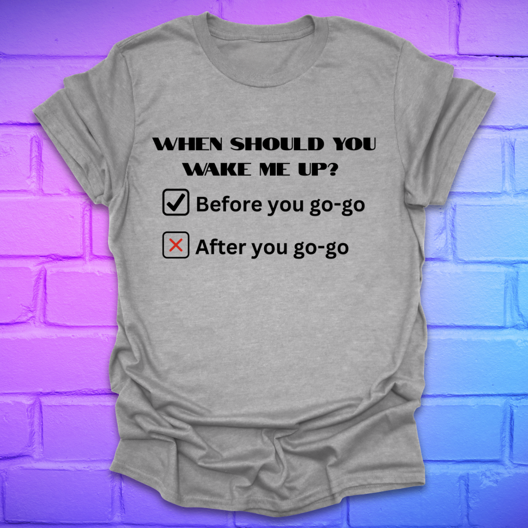 Gray t-shirt with humorous text design on a brick wall background