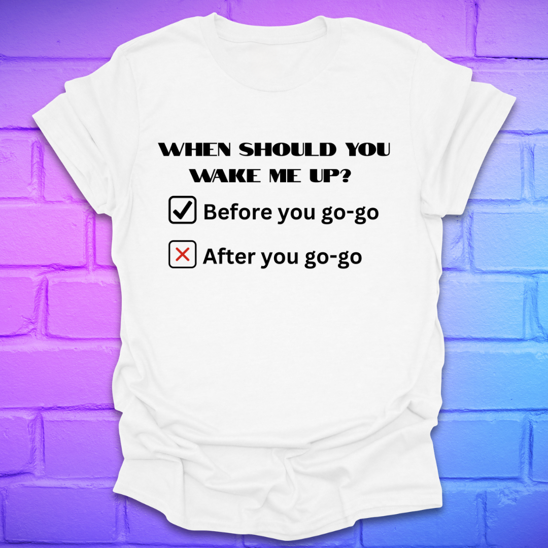 White t-shirt with humorous text design on a gradient purple and blue background