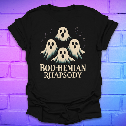 Black t-shirt with ghost design and 'BOO-HEMIAN RHAPSODY' text on a brick wall background