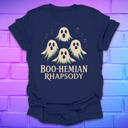Navy blue t-shirt with ghost design and 'BOO-HEMIAN RHAPSODY' text on a brick wall background
