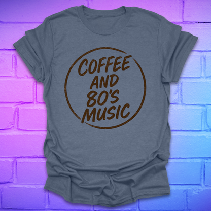 Gray t-shirt with 'Coffee and 80's Music' text on a brick wall background