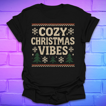 Black t-shirt with 'Cozy Christmas Vibes' text on a brick wall background
