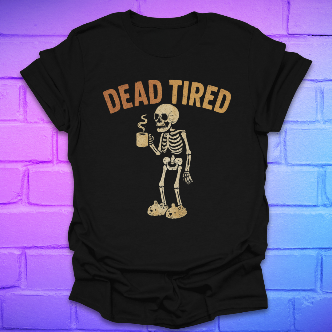 Black t-shirt with skeleton graphic and 'DEAD TIRED' text on a brick wall background