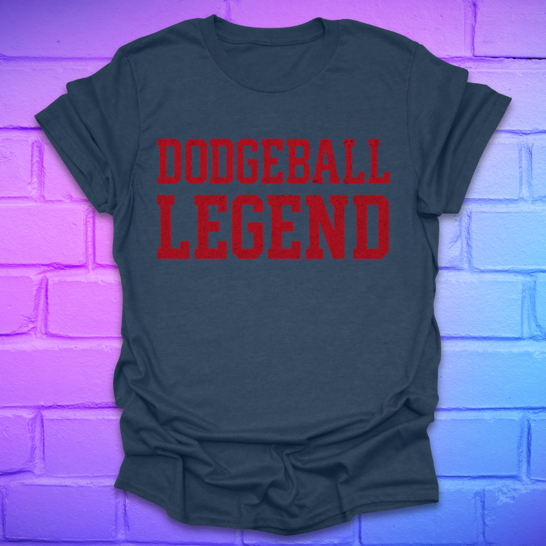 heather blue t-shirt with 'Dodgeball Legend' text on a brick wall background