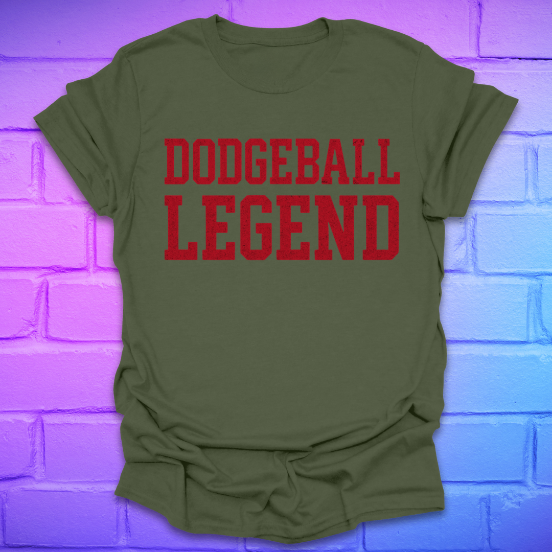 Green t-shirt with 'Dodgeball Legend' text on a brick wall background