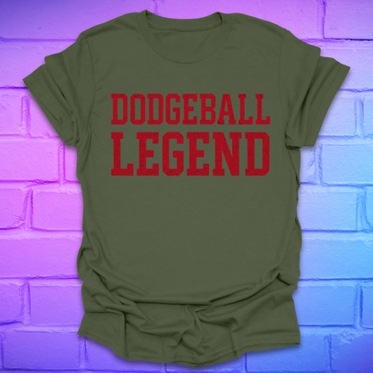 Green t-shirt with 'Dodgeball Legend' text on a brick wall background