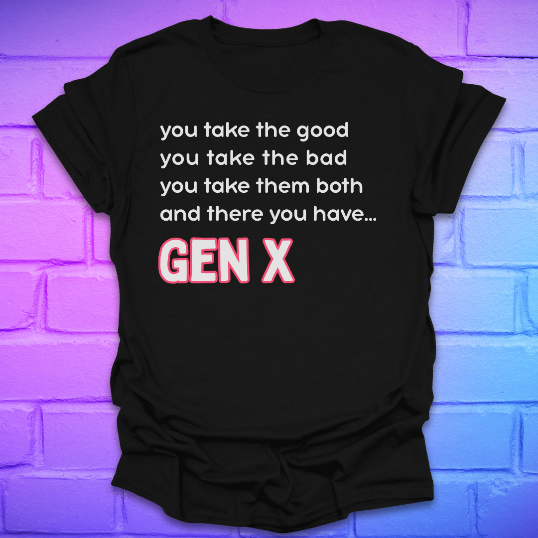 Black t-shirt with humorous text design on a brick wall background