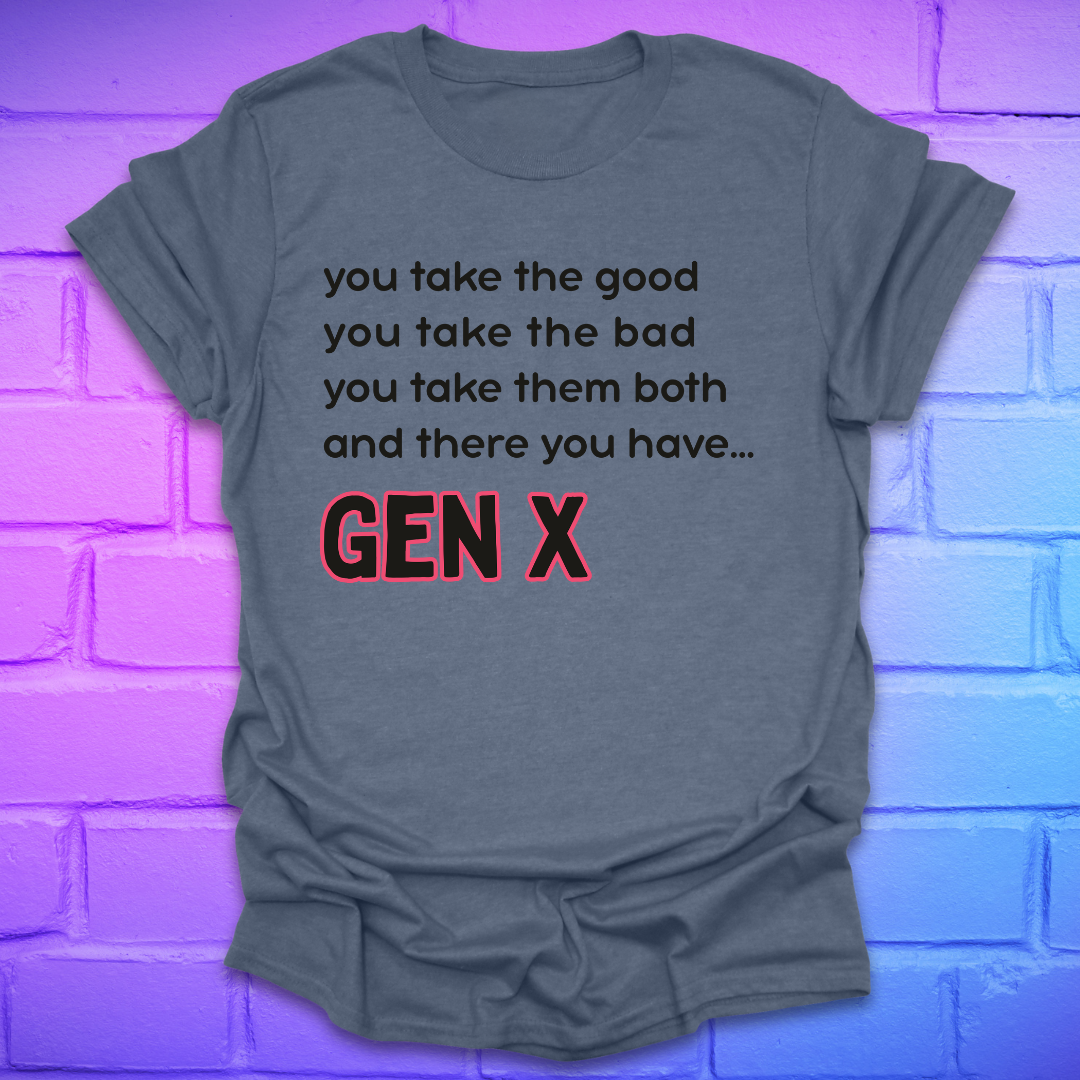 Indigo t-shirt with humorous text design on a brick wall background