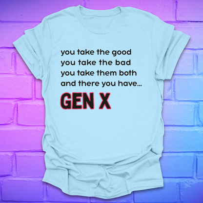 Light blue t-shirt with humorous text design on a brick wall background