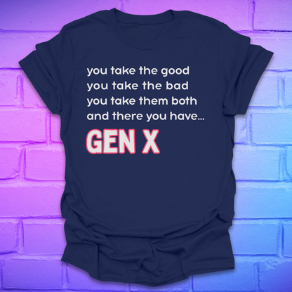 Navy t-shirt with humorous text design on a brick wall background