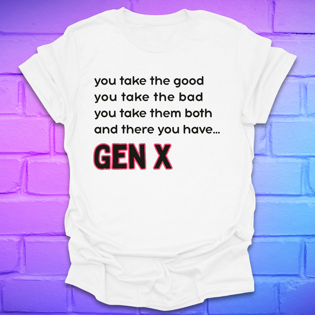 White t-shirt with humorous text design on a brick wall background