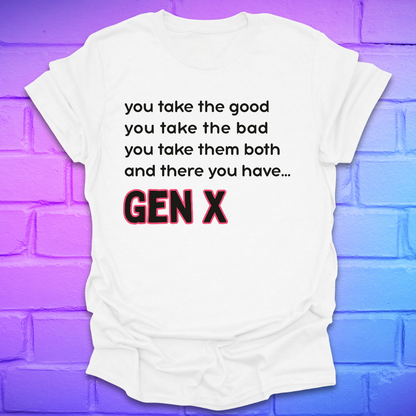 White t-shirt with humorous text design on a brick wall background