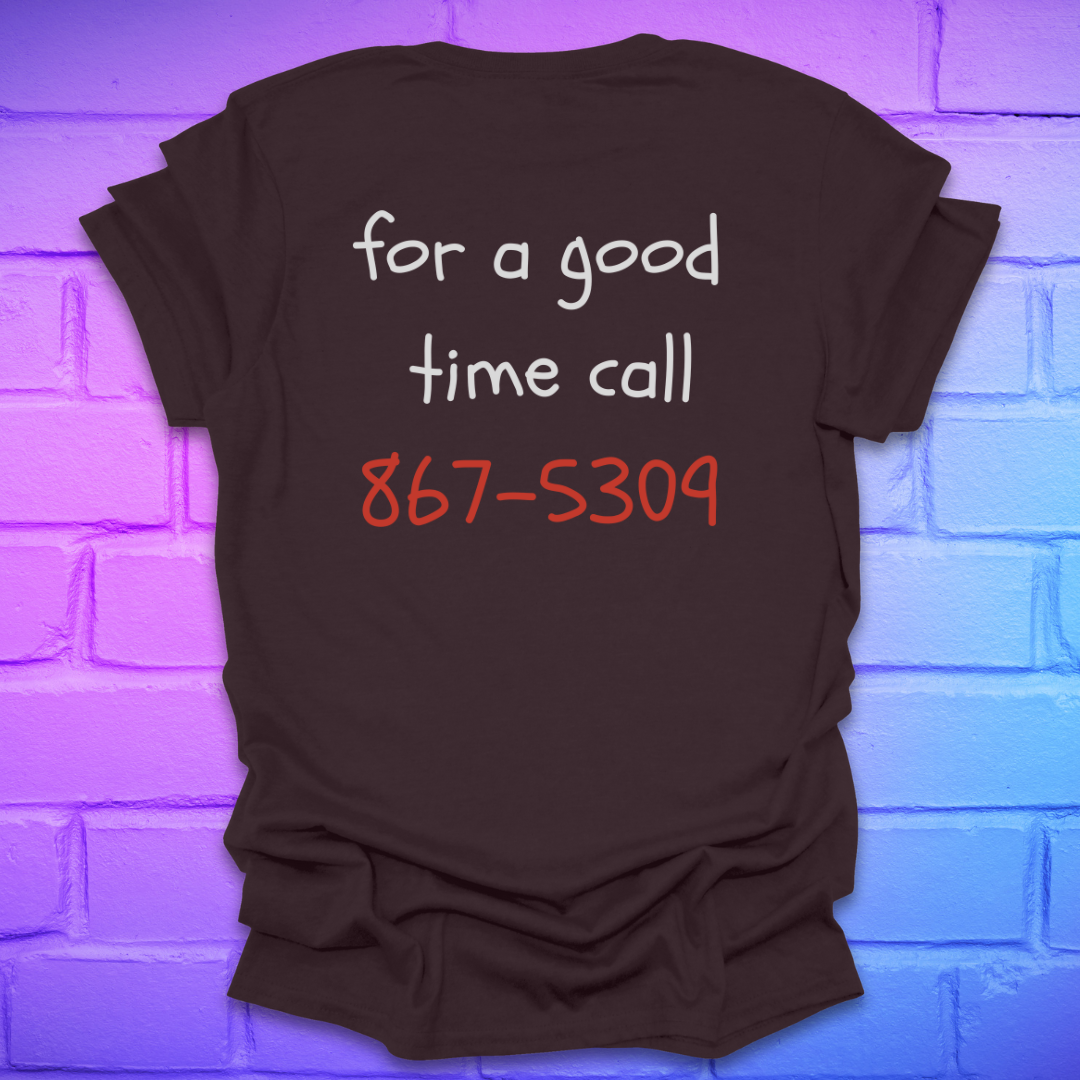Brown t-shirt with text 'for a good time call 867-5309' on a brick wall background