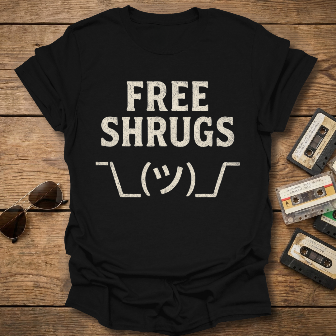 Black t-shirt with 'FREE SHRUGS' text on a wooden surface with sunglasses and cassettes.