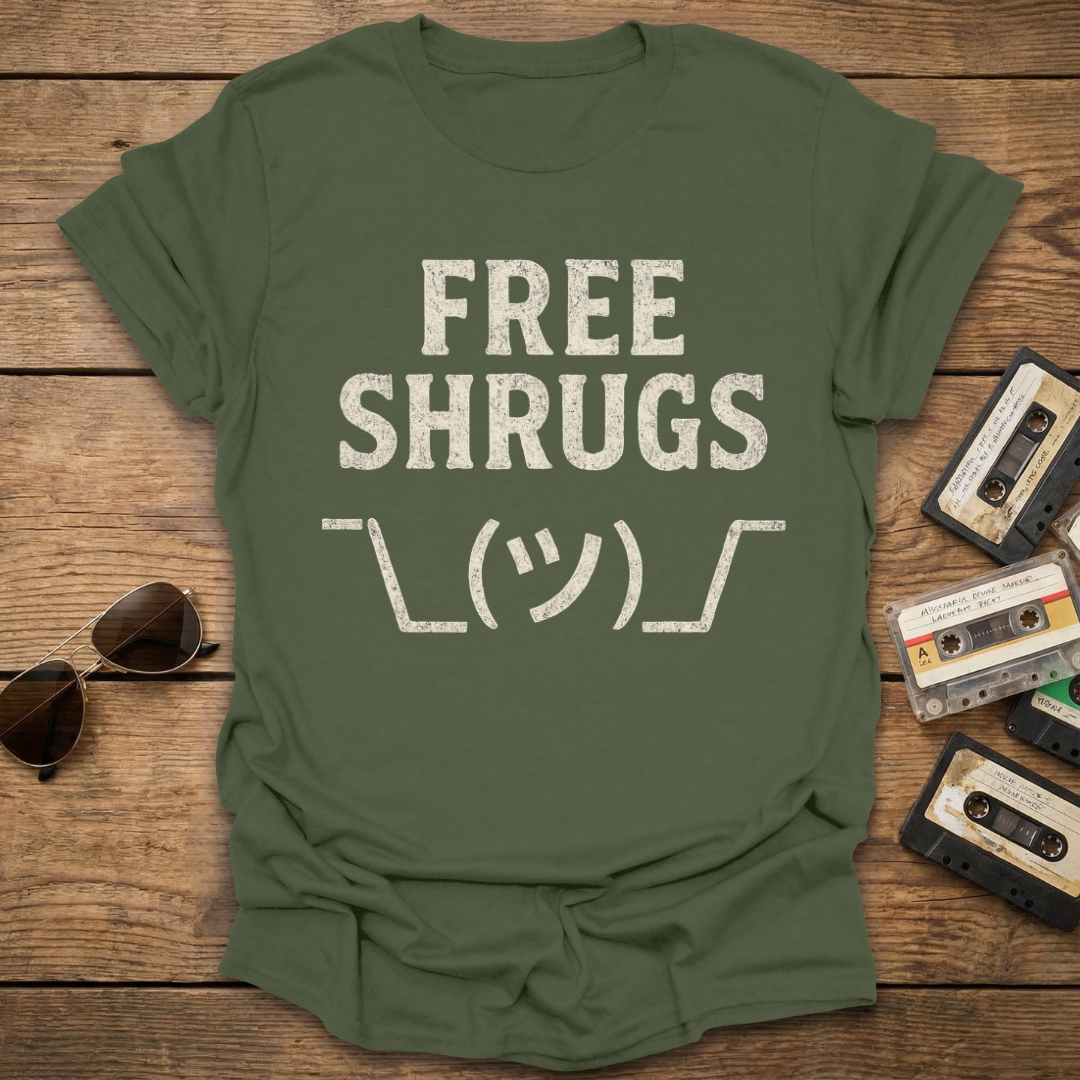 Green t-shirt with 'FREE SHRUGS' text on a wooden surface with sunglasses and cassettes.