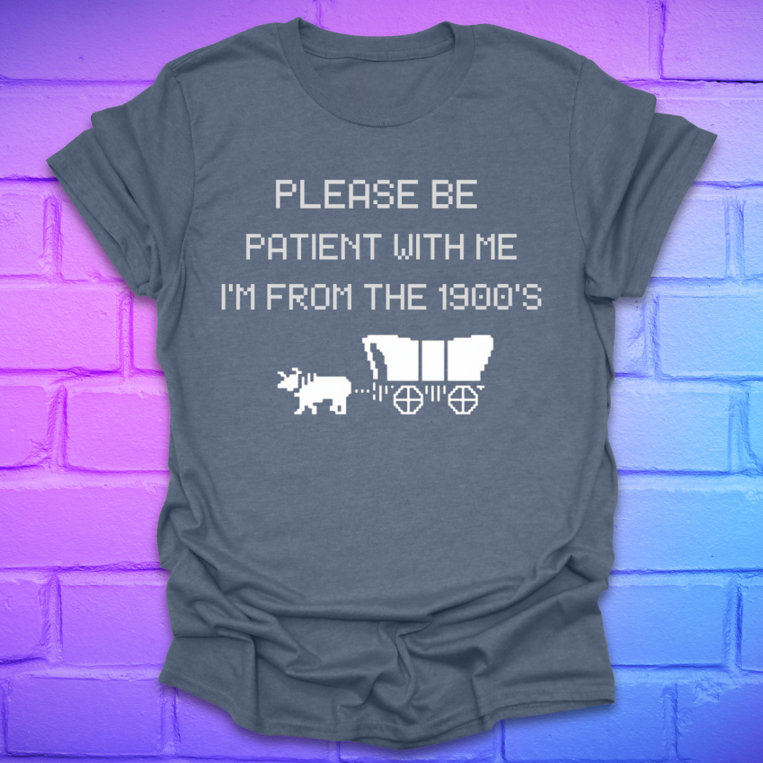 light blue t-shirt with white text, 'please be patient with me im from the 1900s' and graphics on a brick wall background
