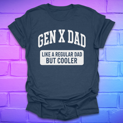 Heather navy t-shirt with 'GEN X DAD. just like a regular dad but cooler' text on a brick wall background