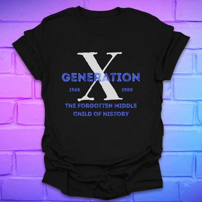 Black t-shirt with 'Generation X' design on a brick wall background