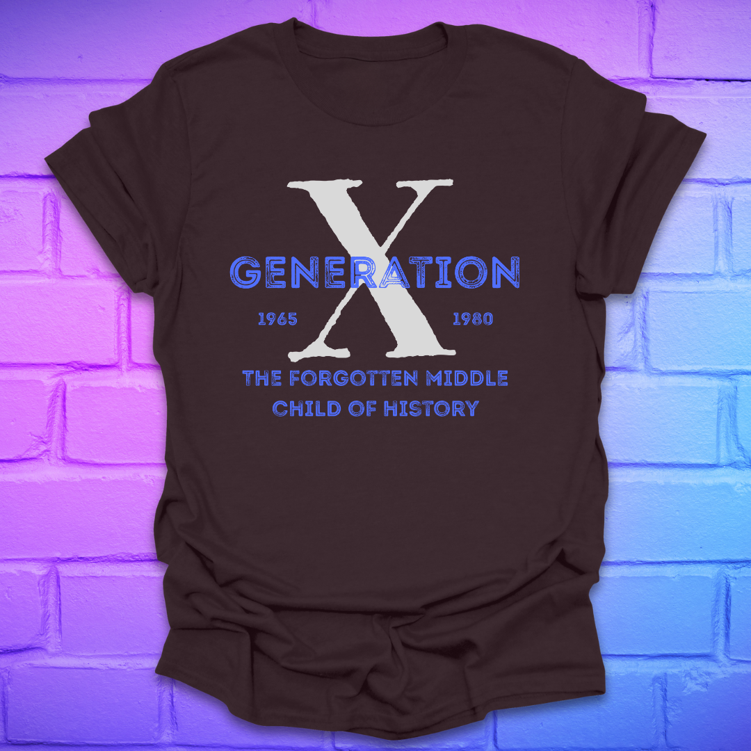 Brown t-shirt with 'Generation X' text on a purple brick wall background