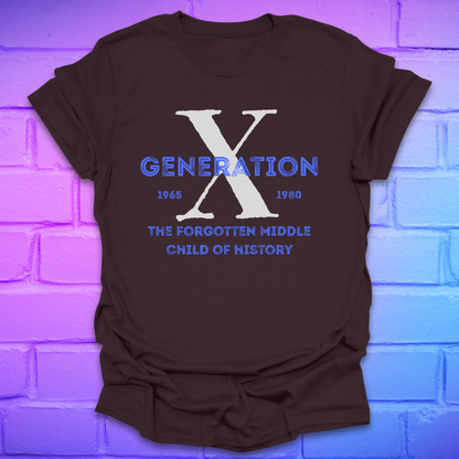 Brown t-shirt with 'Generation X' text on a purple brick wall background