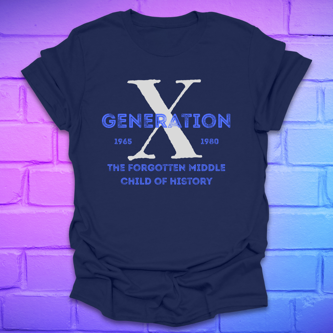 Navy blue t-shirt with 'Generation X' text on a brick wall background