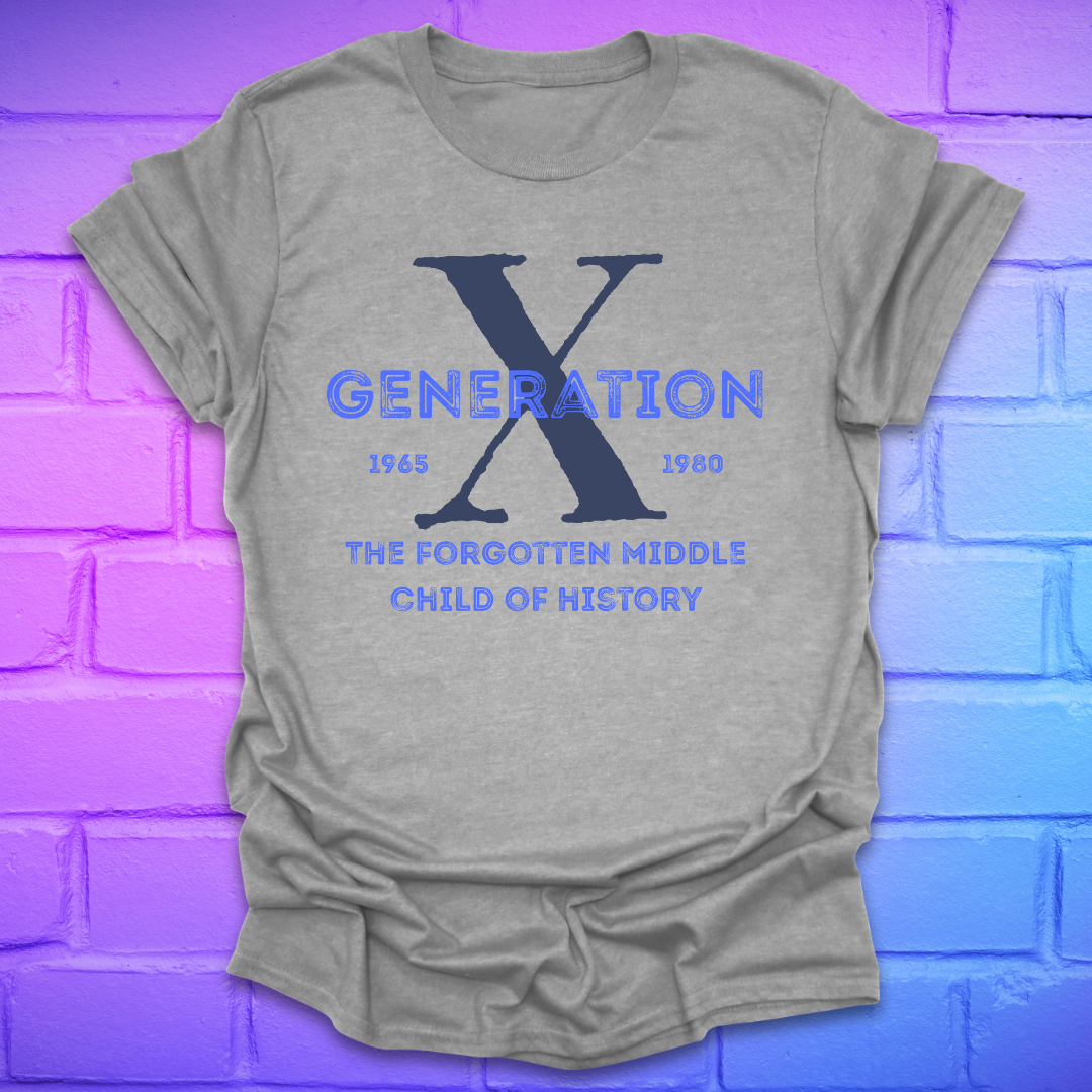 Gray t-shirt with blue text 'Generation X' on a brick wall background